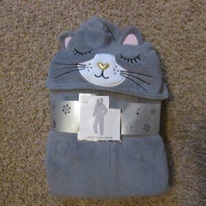 NEW Large 12/14 Gray Plush Hooded One Piece Cat Kitten Face Pajamas Lounge